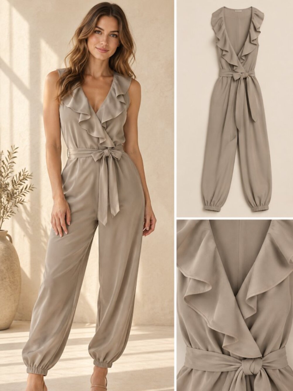 The Hanger Taupe Ruffle Front Tie-Waist Jogger Jumpsuit Size Large